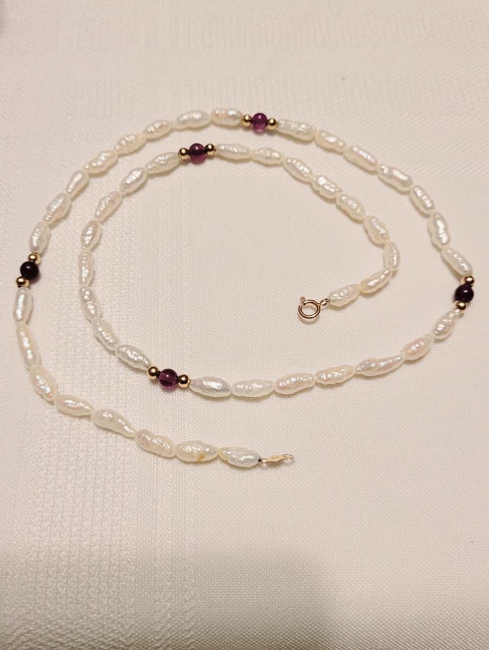 Necklace 14k Gold Baroque Rice Pearls Amethyst